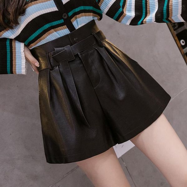 women's shorts 2022 autumn winter black pu faux leather sashes high waist wide leg elegant female trousers mt577, White;black
women's shorts 2022 autumn winter black pu faux leather sashes high waist wide leg elegant female trousers mt577, White;black