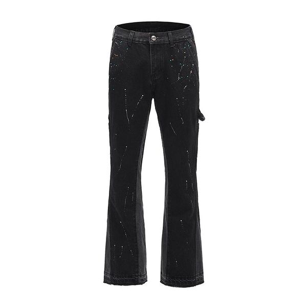 men's jeans high street retro spotted ink contrast color flared pants male wide leg plus size patchwork ripped denim trousers, Blue
men's jeans high street retro spotted ink contrast color flared pants male wide leg plus size patchwork ripped denim trousers, Blue