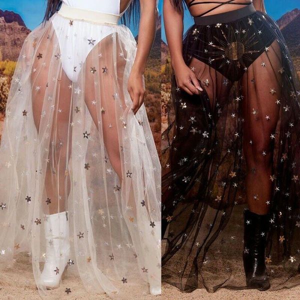 women see-through mesh sheer maxi skirt tulle long summer fashion high waist lady sunproof bikini cover up women's swimwear, White;black
women see-through mesh sheer maxi skirt tulle long summer fashion high waist lady sunproof bikini cover up women's swimwear, White;black