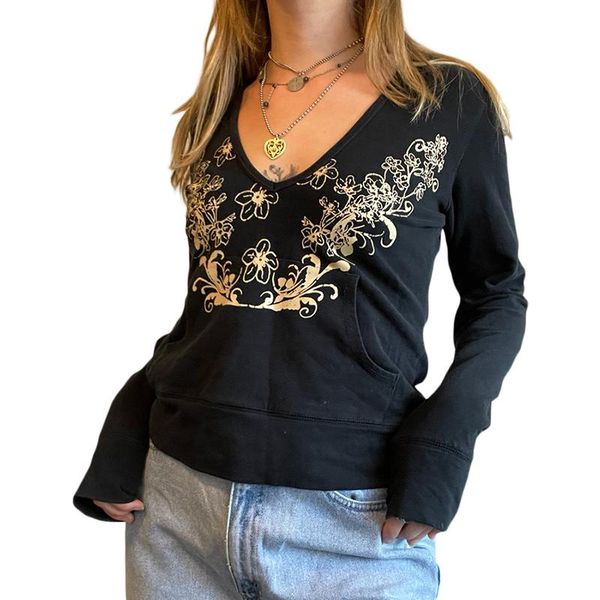 women's hoodies & sweatshirts xingqing harajuku vintage floral print hoodie v-neck long sleeve 2021 autumn fashion hooded clothes, Black
women's hoodies & sweatshirts xingqing harajuku vintage floral print hoodie v-neck long sleeve 2021 autumn fashion hooded clothes, Black
