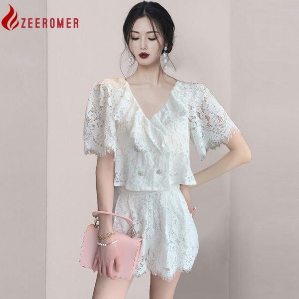 women's tracksuits zeeromer fashion lace 2-piece suits women 2021 summer elegant v-neck short crop + simple shorts korean chic work set, Gray
women's tracksuits zeeromer fashion lace 2-piece suits women 2021 summer elegant v-neck short crop + simple shorts korean chic work set, Gray