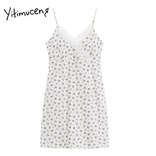 yitimuceng floral print dresses women summer lace spaghetti strap high waist v-neck fashion sweet camisole dress 210601, Black;gray