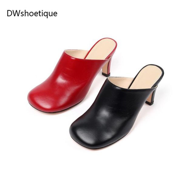 slippers spring genuine leather women mules high heel square toe, Black