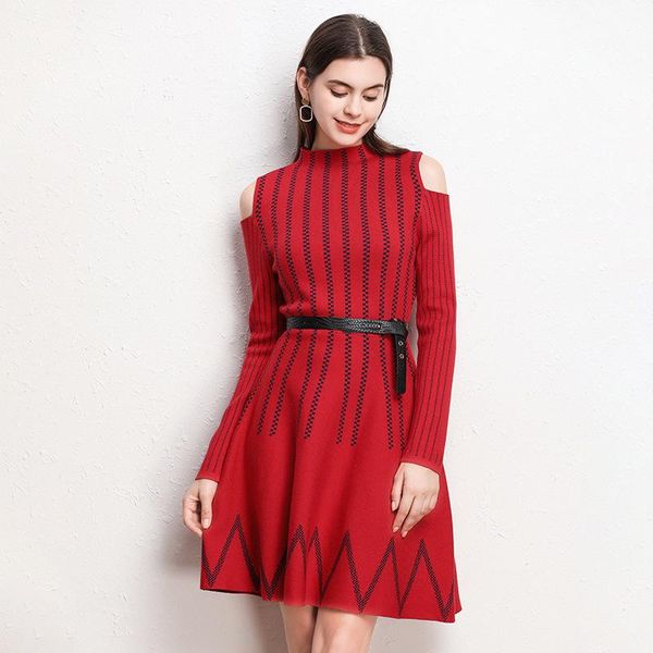 off the shoulder long sleeve knitted dress women robes spring autumn a-line high waist striped sweater dresses ta2152 casual, Black;gray
off the shoulder long sleeve knitted dress women robes spring autumn a-line high waist striped sweater dresses ta2152 casual, Black;gray