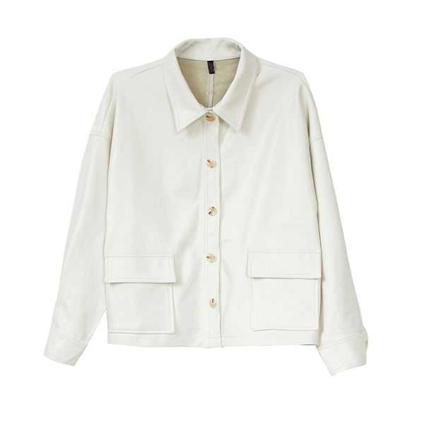 women pu faux leather white black jacket pocket turn down collar outwear button high street c0032 210514
women pu faux leather white black jacket pocket turn down collar outwear button high street c0032 210514