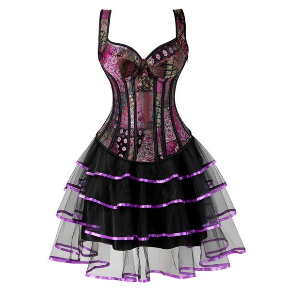 Womens Victorian showgirl Gothic Corset Vest with Bubble Skirt Renaissance Brocade Lace Up Strap Purple Corset Top Dress Set
Womens Victorian showgirl Gothic Corset Vest with Bubble Skirt Renaissance Brocade Lace Up Strap Purple Corset Top Dress Set