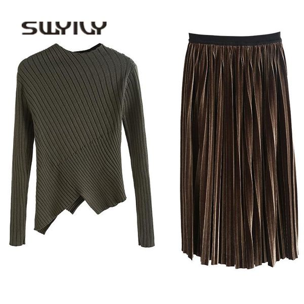 women's suits & blazers swyivy skirts suit woman 2021 spring elegent irregulat sweaters +velvet pleated mid calf skirt ladies two piece, White;black
women's suits & blazers swyivy skirts suit woman 2021 spring elegent irregulat sweaters +velvet pleated mid calf skirt ladies two piece, White;black