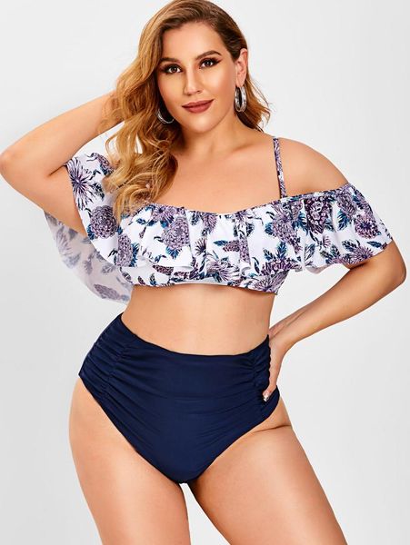 women's swimwear plus size floral ruffle ruched off the shoulder bikini high waist two piece, White;black
women's swimwear plus size floral ruffle ruched off the shoulder bikini high waist two piece, White;black
