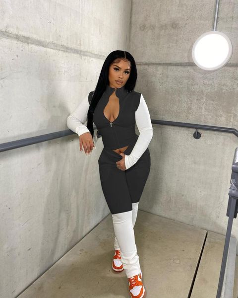 women's two piece pants zaggin women 2021 fashion street casual style sets long sleeve zipper elastic stitching color 2, White
women's two piece pants zaggin women 2021 fashion street casual style sets long sleeve zipper elastic stitching color 2, White