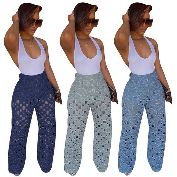 women's wear b742 four seasons high waist pierced jeans popular hollow wide leg pants, Blue
women's wear b742 four seasons high waist pierced jeans popular hollow wide leg pants, Blue
