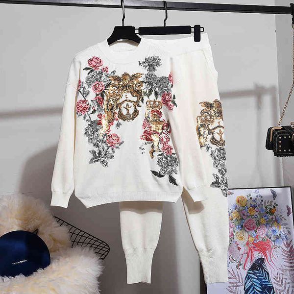pant set female autumn fashion sequin flower knitted sweater sports pencil pants tracksuit women loose black knitting 2 piece outfits, White
pant set female autumn fashion sequin flower knitted sweater sports pencil pants tracksuit women loose black knitting 2 piece outfits, White