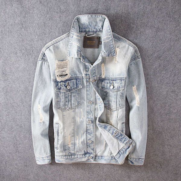 men's jackets fashion streetwear retro light blue destroyed ripped denim men printed designer coat hip hop chaqueta zsco bwyf, Black;brown
men's jackets fashion streetwear retro light blue destroyed ripped denim men printed designer coat hip hop chaqueta zsco bwyf, Black;brown