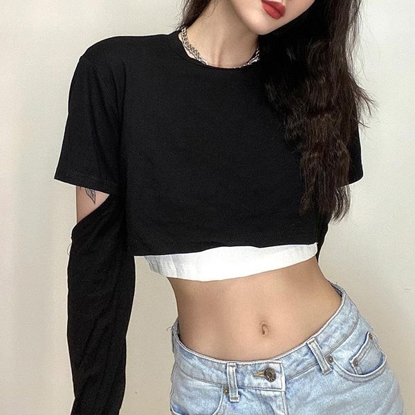 women's t-shirt summer round neck hollow out long sleeve sling slim small vest two piece women t shirt, White
women's t-shirt summer round neck hollow out long sleeve sling slim small vest two piece women t shirt, White