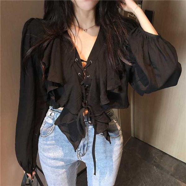 womens blouse chiffon lace up v neck ruffle long sleeve shirt casual blusa feminina 210601, White
womens blouse chiffon lace up v neck ruffle long sleeve shirt casual blusa feminina 210601, White