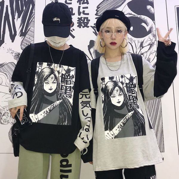 men's hoodies & sweatshirts style harajuku comics with hoodie letters print fake 2 piece patchwork long sleeve sweaters women's sh, Black 
men's hoodies & sweatshirts style harajuku comics with hoodie letters print fake 2 piece patchwork long sleeve sweaters women's sh, Black