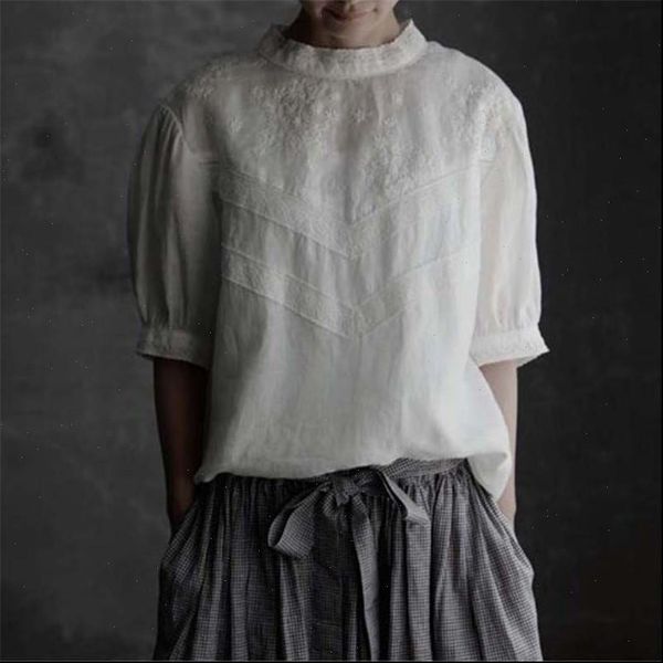 johnature summer women shirts japanese casual linen embroidery womens and blouses solid color half sleeve loose female, White
johnature summer women shirts japanese casual linen embroidery womens and blouses solid color half sleeve loose female, White