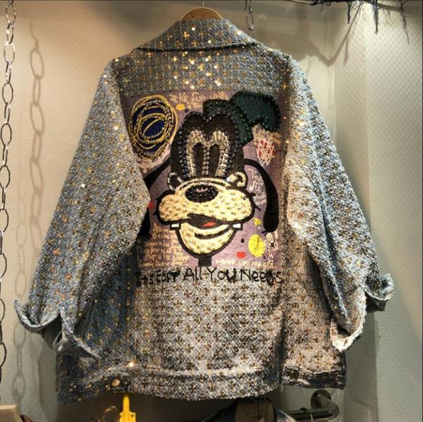 women's jackets european autumn 2021 heavy industry beads with diamond cartoon sequins denim jacket womens streetwear loose jeans coat, Black;brown
women's jackets european autumn 2021 heavy industry beads with diamond cartoon sequins denim jacket womens streetwear loose jeans coat, Black;brown