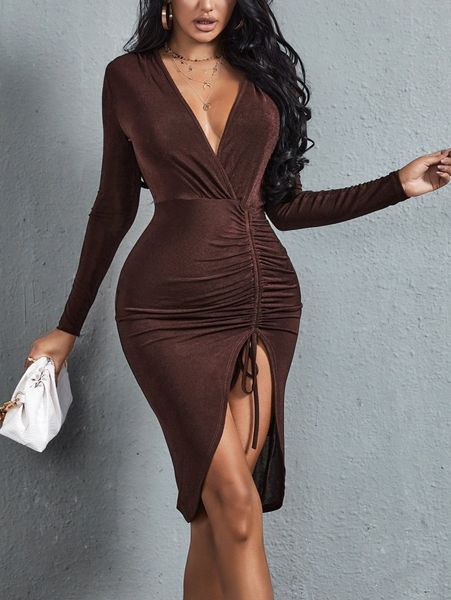 sxy plunging neck drawstring front split hem dress i15o#, Black;gray