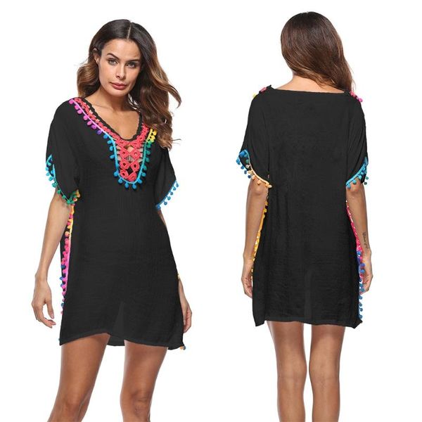 women bathing suit bikini cover ups deep v-neck hollow out crochet rainbow pom tassel side split beach dress women's swimwear, White;black
women bathing suit bikini cover ups deep v-neck hollow out crochet rainbow pom tassel side split beach dress women's swimwear, White;black
