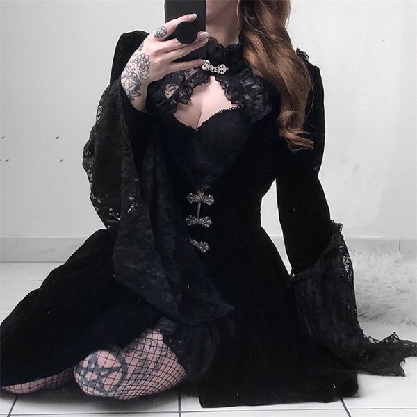 insgoth vintage black velvet gothic dress women elegant hollow out lace dress patchwork mini female party dresses autumn, Black;gray
insgoth vintage black velvet gothic dress women elegant hollow out lace dress patchwork mini female party dresses autumn, Black;gray
