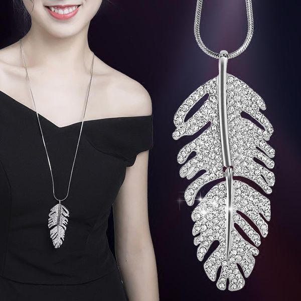 full rhinestone feather long necklace elegant women fashion jewelry sweater pendant necklaces, Silver
full rhinestone feather long necklace elegant women fashion jewelry sweater pendant necklaces, Silver