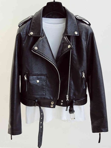women spring autumn slim short snake print vintage faux leather jackets ladys zipper belt motorcycle overcoat 210513, Black
women spring autumn slim short snake print vintage faux leather jackets ladys zipper belt motorcycle overcoat 210513, Black