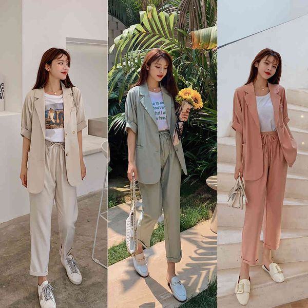 spring women's office pants suit summer solid color short-sleeved blazer suits casual two-piece set female 210514, White;black
spring women's office pants suit summer solid color short-sleeved blazer suits casual two-piece set female 210514, White;black