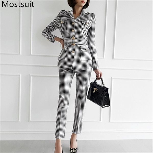 korean vintage ol style plaid two piece sets outfits autumn single-breasted belted coat + ankle-length pants suits 210513, White
korean vintage ol style plaid two piece sets outfits autumn single-breasted belted coat + ankle-length pants suits 210513, White