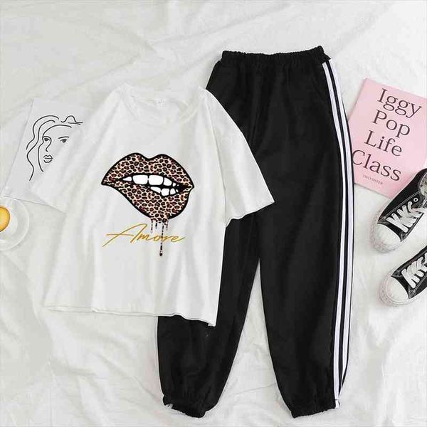 women two piece pants set leopard lip tracksuit set korean summer suit fashion summer t shirt black trousers women casual, White
women two piece pants set leopard lip tracksuit set korean summer suit fashion summer t shirt black trousers women casual, White