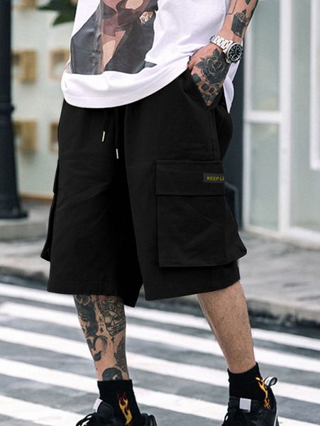 men letter patched flap pocket shorts y2nt#, Black