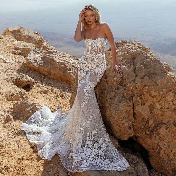 strapless lace beach mermaid wedding dresses with appliques sweep train backless plus size boho bridal gowns, White
strapless lace beach mermaid wedding dresses with appliques sweep train backless plus size boho bridal gowns, White