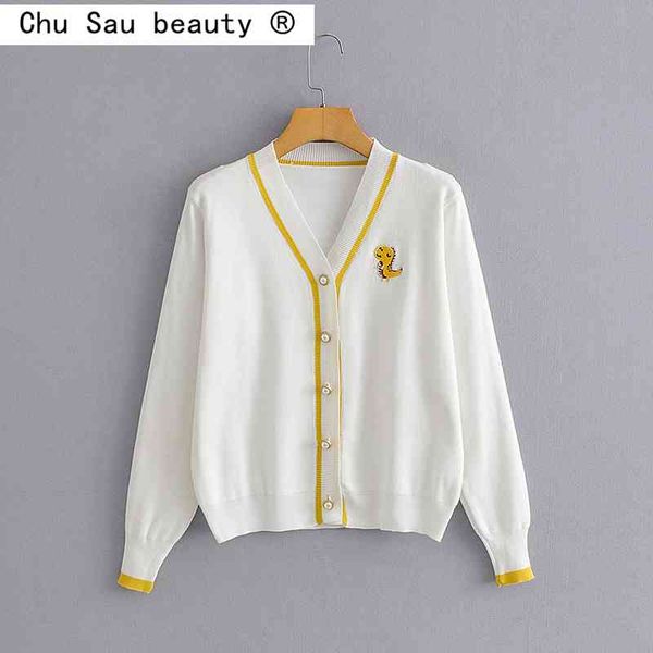 fashion korean style spring autumn v-neck contrasting edges knit cardigan dinosaur embroidered sweater woman coat 210508, White
fashion korean style spring autumn v-neck contrasting edges knit cardigan dinosaur embroidered sweater woman coat 210508, White