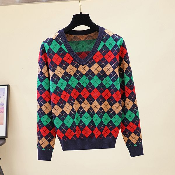 knits autumn and winter vintage sweater matching argyle pullover v-neck plaid brocade fall women fashion top, White
knits autumn and winter vintage sweater matching argyle pullover v-neck plaid brocade fall women fashion top, White