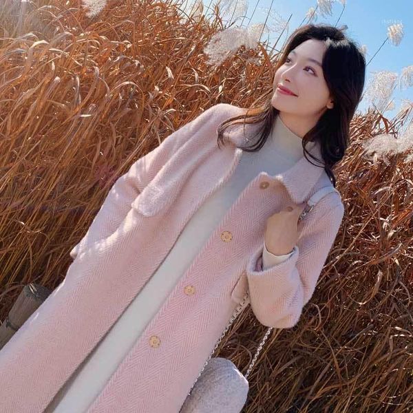 women long winter thick woolen coat pink beige overcoat women's wool & blends, Black
women long winter thick woolen coat pink beige overcoat women's wool & blends, Black