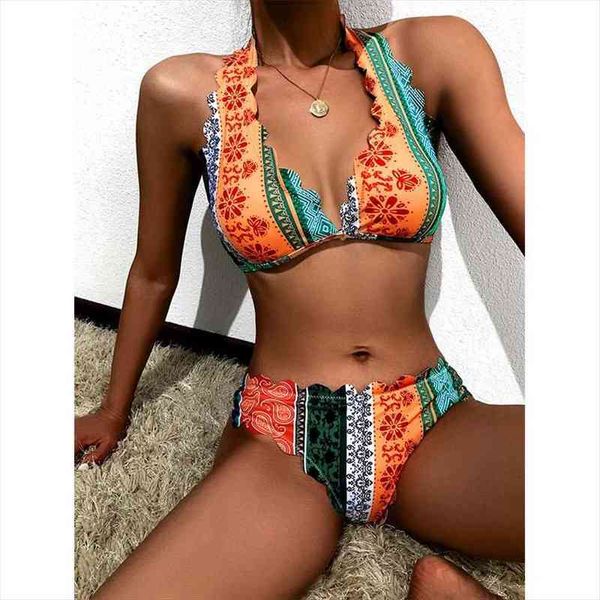 2 piece women ruffle swimwear floral print brazil bikini set deep v-neck halter bathing suit lace-up triangle beachwear biquini, White;black
2 piece women ruffle swimwear floral print brazil bikini set deep v-neck halter bathing suit lace-up triangle beachwear biquini, White;black