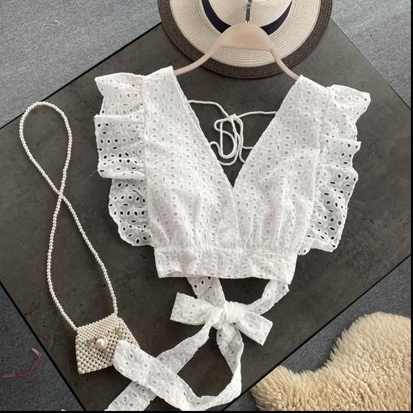 v neck hollow ruffles women blouses big halter high waist mini ol pleated tank shirt backless lace up crop, White
v neck hollow ruffles women blouses big halter high waist mini ol pleated tank shirt backless lace up crop, White