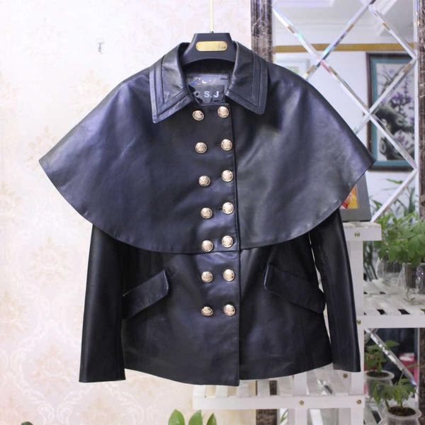 women's leather & faux 2021 spring desginer double-breasted genuine jackets fashion cape type coat b677, Black
women's leather & faux 2021 spring desginer double-breasted genuine jackets fashion cape type coat b677, Black