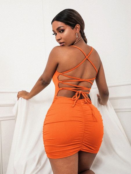 neon orange lace-up open back ruched bodycon dress c56t#, Black;gray