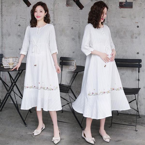 maternity dresses white long dress summer fashion slim waist clothes for pregnant women elegant cotton pregnancy clothing