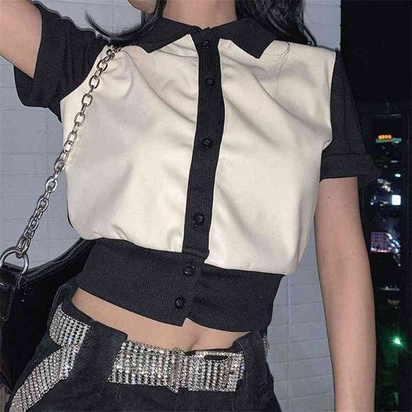 women t-shirt button sittching color block patchwork short sleeve turn-down collar slim fit summer high street clothing 210522, White
women t-shirt button sittching color block patchwork short sleeve turn-down collar slim fit summer high street clothing 210522, White