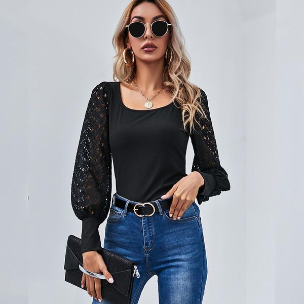 women's t-shirt lace hollow patchwork fashion black temperament slim pullover square collar long sleeve woman, White
women's t-shirt lace hollow patchwork fashion black temperament slim pullover square collar long sleeve woman, White