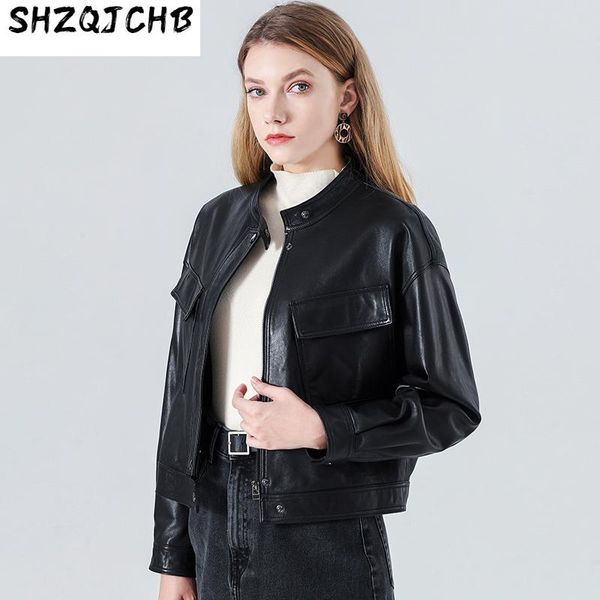 women's leather & faux shzq jacket korean loose 2021 fashion short spring sheepskin casual, Black
women's leather & faux shzq jacket korean loose 2021 fashion short spring sheepskin casual, Black