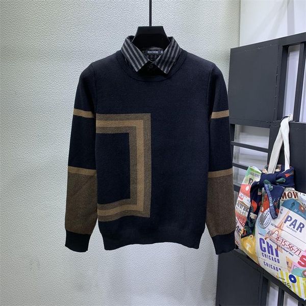 men's sweaters 2021 spring autumn fashion slim fit fake two striped trendy mens shirt long sleeve casual knit men e118, White;black
men's sweaters 2021 spring autumn fashion slim fit fake two striped trendy mens shirt long sleeve casual knit men e118, White;black