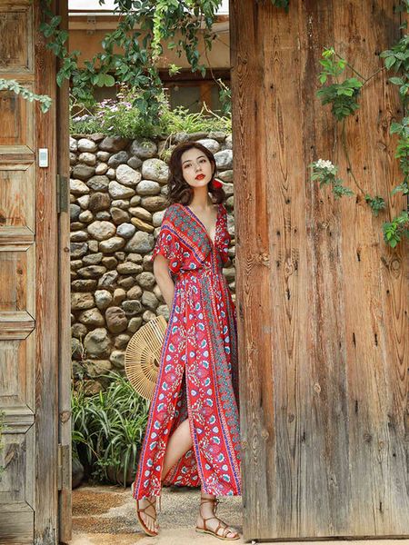 women's swimwear deep v neck beach long summer 2021 print floral side slit pareos short sleeve boho maxi vestidos vintage 3s2s, White;black 
women's swimwear deep v neck beach long summer 2021 print floral side slit pareos short sleeve boho maxi vestidos vintage 3s2s, White;black