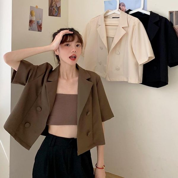 women's suits & blazers women summer pure color short sleeve fashion chic notched korean style thin loose cropped clothing streetwear, White;black
women's suits & blazers women summer pure color short sleeve fashion chic notched korean style thin loose cropped clothing streetwear, White;black