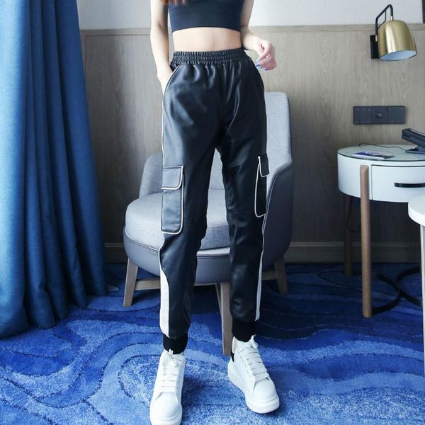 women's pants & capris genuine leather casual pencil elastic waist loose color matching sheep skin handsome overalls, Black;white
women's pants & capris genuine leather casual pencil elastic waist loose color matching sheep skin handsome overalls, Black;white