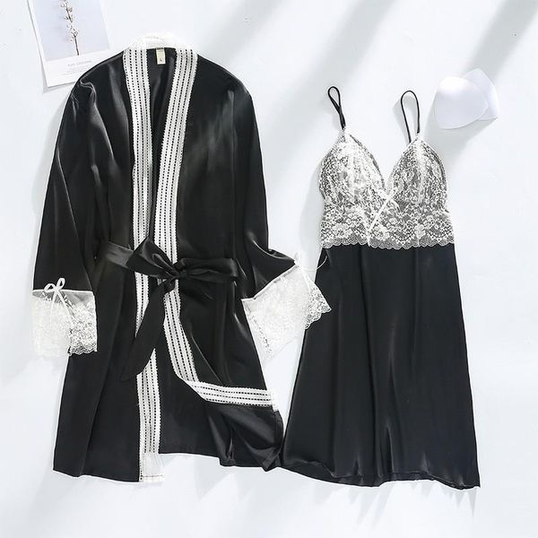 black lace trim women 2pcs night suit spring summer faux silk kimono bathrobe gown v-neck mini nightdress casual sleepwear women's, Black;red
black lace trim women 2pcs night suit spring summer faux silk kimono bathrobe gown v-neck mini nightdress casual sleepwear women's, Black;red