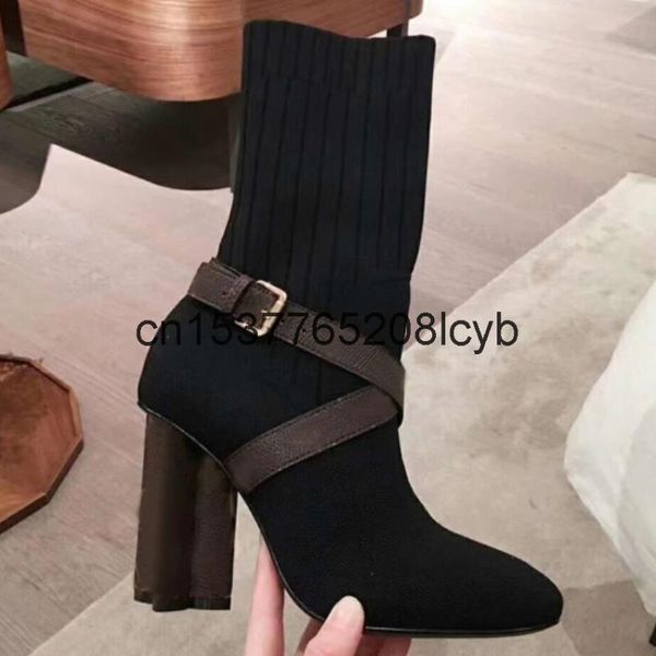 classic brand women's elastic ankle booties knitting fabric mixed socks boots winter ladies buckle decor high heels, Black
classic brand women's elastic ankle booties knitting fabric mixed socks boots winter ladies buckle decor high heels, Black
