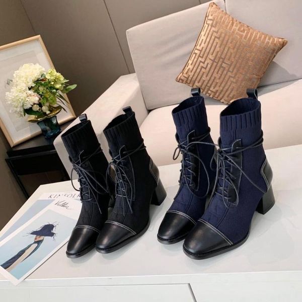 boots knitting mid-calf woman winter shoes pointed-toes high heels cross-tied botas mujer, Black