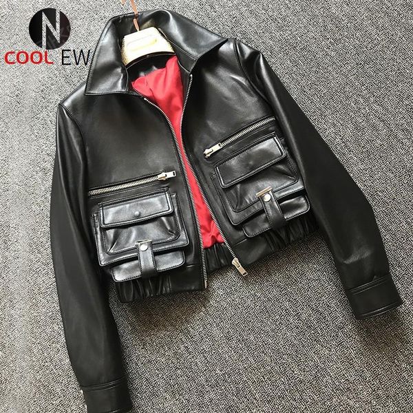 women's leather & faux women spring casual short coat pockets elastic waist sheepskin genuine jacket streetwear fashion slim fit, Black
women's leather & faux women spring casual short coat pockets elastic waist sheepskin genuine jacket streetwear fashion slim fit, Black